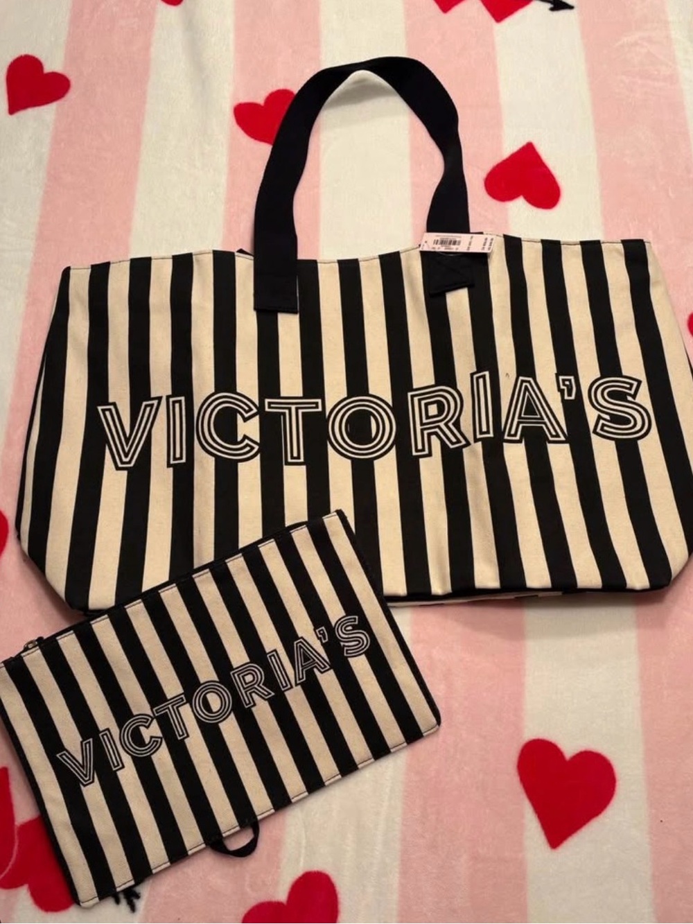 Victoria's Secret Black and Cream Striped Tote with Matching Pouch